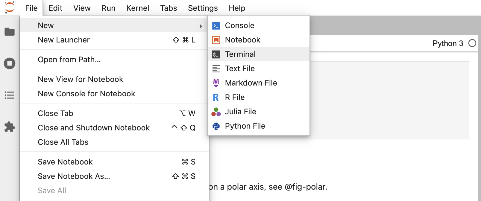 Screenshot of menu items in Jupuyter Lab: File > New > Terminal.