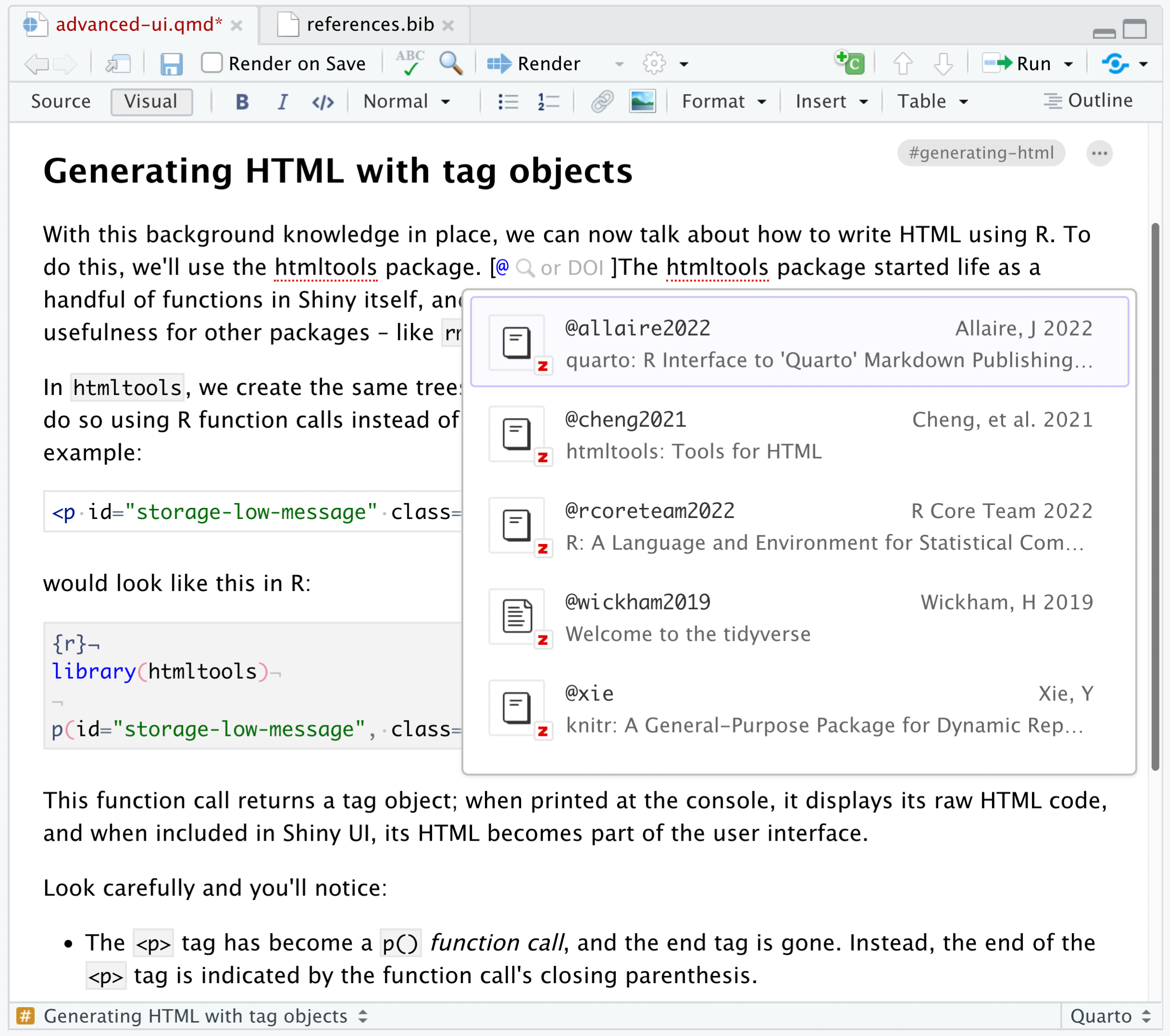 An R Markdown document opened in the R Studio Visual Editor. There is a cursor on at the end of the text '@R-htm', which is in brackets and comes after the text 'htmltools'. There is a dropdown menu underneath this text with search results that all begin '@R-htm'. Each of the search results has a title of the form '@R-htm' in bold, an icon to the left, the title of the cited reference underneath it in gray, and the citation in gray to the right.