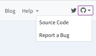 The right section of a Quarto navbar containing a Twitter and Github logo. The Github logo is selected and a menu is underneath it with two items: 'Source Code' and 'Report a Bug
