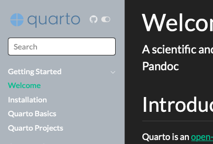 A Quarto sidebar showing a dark theme. The 'Dark mode' toggle is on.